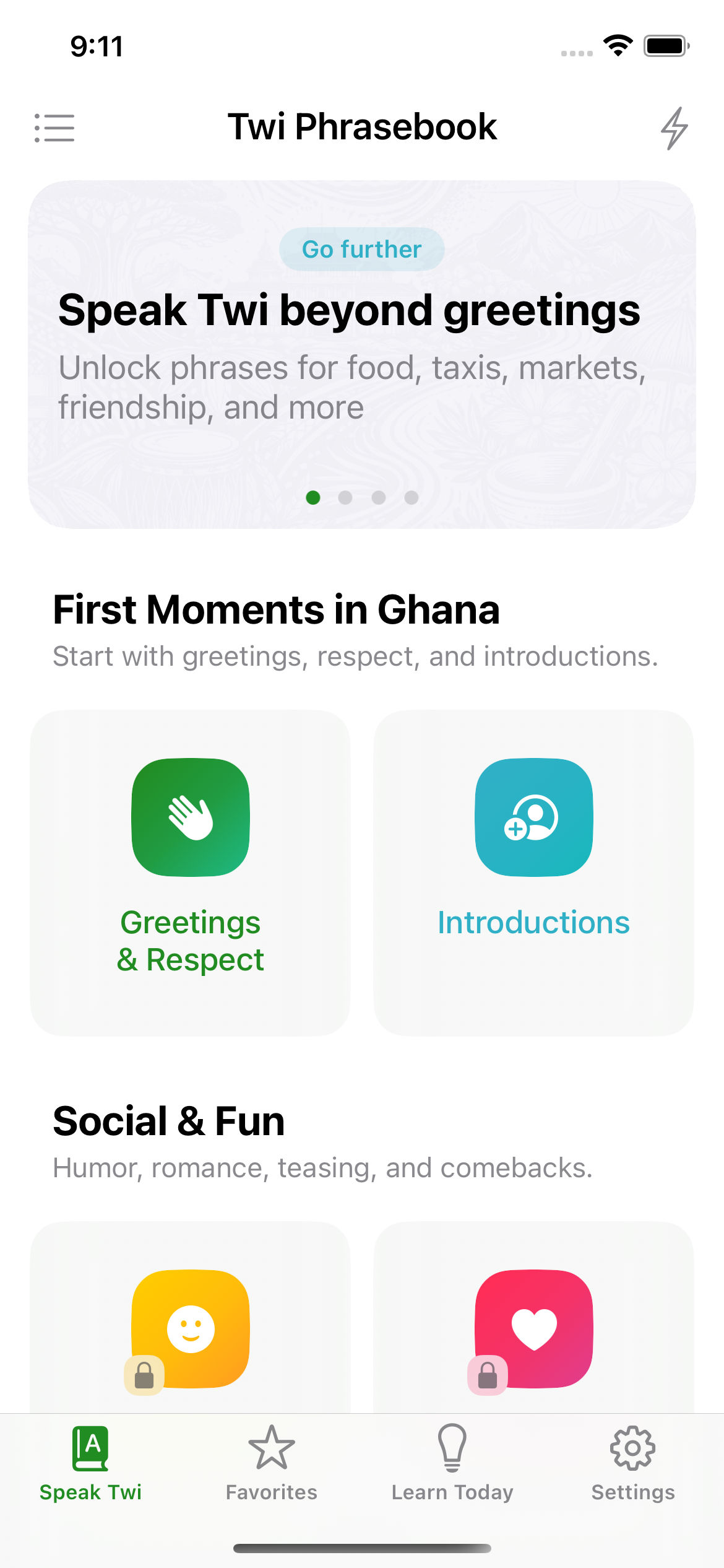 Nkyea Twi Phrasebook home screen